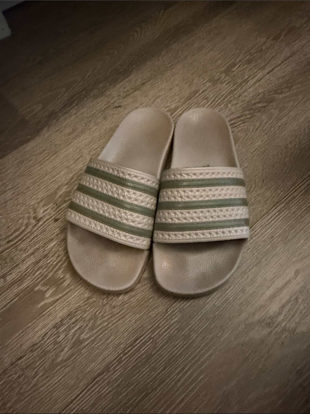 adidas Beige Slide Sandals with Olive Stripes